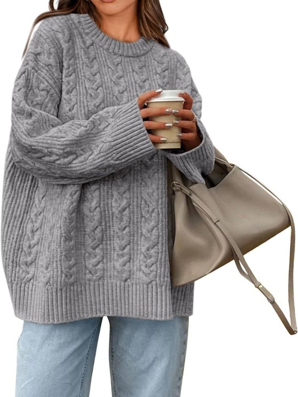 Cozy Oversized Cable Knit Pullover Sweater - Crewneck Style for Women